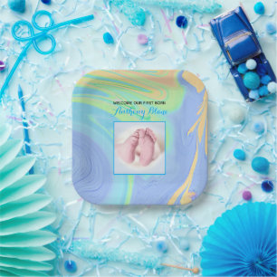 Assiettes En Carton Blue Pastel Welcome First Born Photo