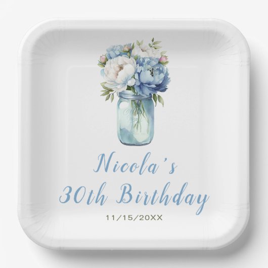 Assiettes En Carton Blue Peonies Mason Jar Anniversaire (Recto)