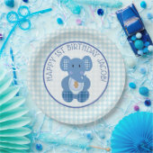 Assiettes En Carton Blue Plaid Elephant Happy 1er Anniversaire Plaque (Fête)