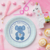 Assiettes En Carton Blue Plaid Elephant Happy 1er Anniversaire Plaque (Fête)