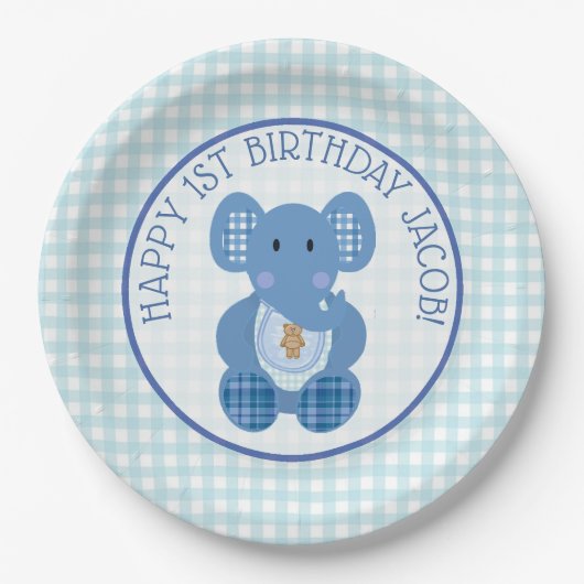 Assiettes En Carton Blue Plaid Elephant Happy 1er Anniversaire Plaque (Devant)