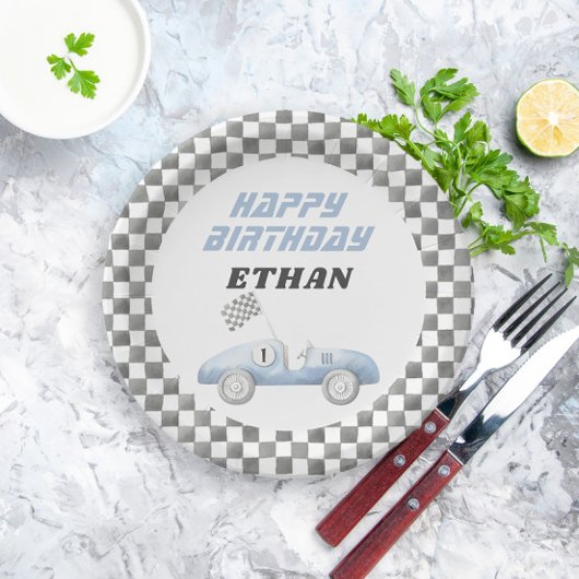 Assiettes En Carton Blue Race Car Fast ONE Boy Anniversaire