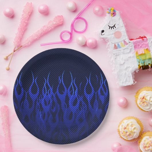 Assiettes En Carton Blue Racing Flames on Carbon Fiber (Fête)