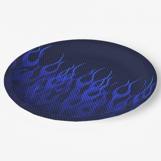 Assiettes En Carton Blue Racing Flames on Carbon Fiber (Angle)