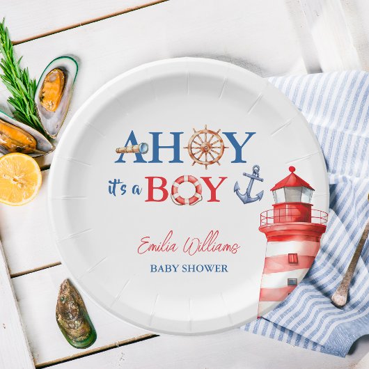 Assiettes En Carton Blue Red Nautical Ahoy Boy Lighthouse Baby Shower