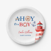 Assiettes En Carton Blue Red Nautical Ahoy Boy Lighthouse Baby Shower (Devant)