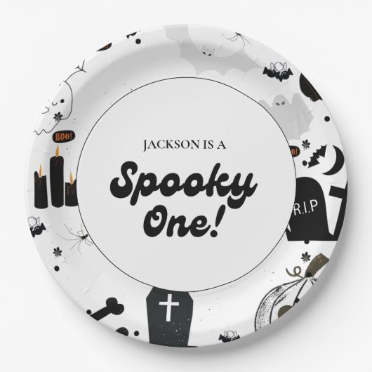 Assiettes En Carton Blue Retro Grooy Éffrayant Un Halloween 1er Annive (Devant)