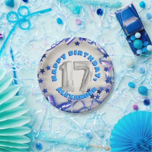 Assiettes En Carton Blue Ribbon & Stars Confetti 17e anniversaire (Fête)