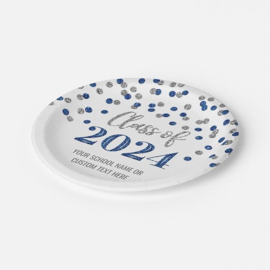 Assiettes En Carton Blue Silver Confetti Graduation 2024 (Angle)
