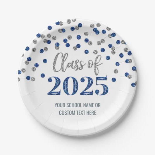 Assiettes En Carton Blue Silver Confetti Graduation 2025 (Devant)