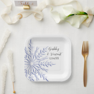 Assiettes En Carton Blue Snowflake on White Winter Wedding