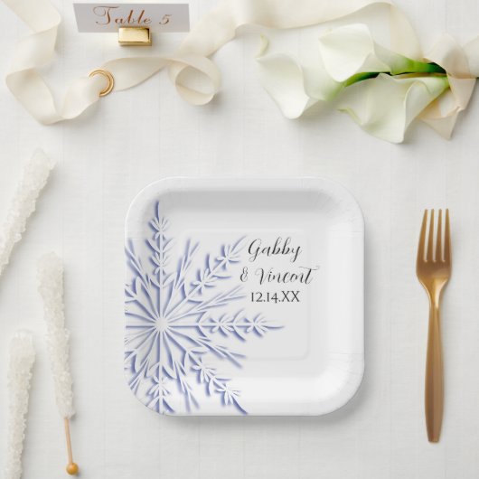Assiettes En Carton Blue Snowflake on White Winter Wedding (Mariage)