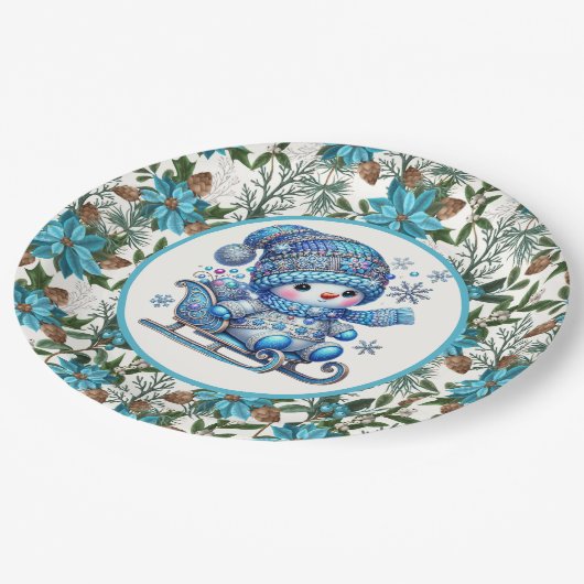Assiettes En Carton Blue Snowman (Angle)