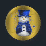 Assiettes En Carton Blue Snowman sur Gold Christmas<br><div class="desc">Un motif de Noël mignon et coloré avec des bonhomme de neige vêtus d'un chapeau et de gilets en velours bleu,  sur un arrière - plan doré festif aux étoiles dorées pour ajouter une touche chic et fantaisiste à vos décorations de maison de Noël cette année.</div>