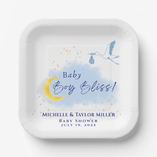 Assiettes En Carton Blue Starlit Baby Boy Bliss Stork (Recto)
