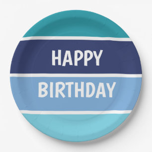 Assiettes En Carton Blue Stripes Joyeux Anniversaire