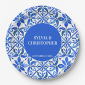 Assiettes En Carton Blue Talavera espagnol tuiles mariage monogramme (Devant)