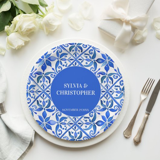 Assiettes En Carton Blue Talavera espagnol tuiles mariage monogramme