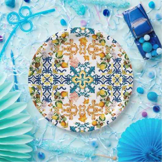 Assiettes En Carton Blue Tiles Mediterranean Pattern (Fête)