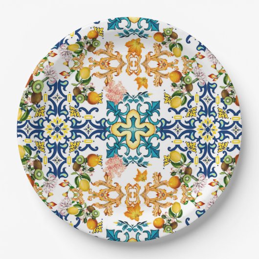 Assiettes En Carton Blue Tiles Mediterranean Pattern (Devant)