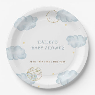 Assiettes En Carton Blue Watercolor Moon Star Cloud Boy Baby shower