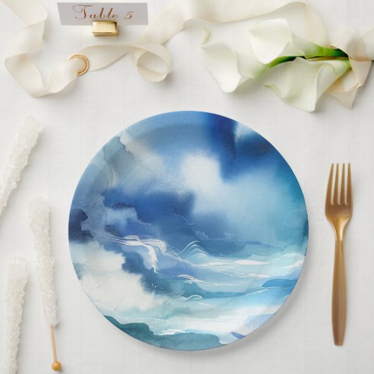 Assiettes En Carton Blue Watercolor Ocean Water Waves Anniversaire (Mariage)