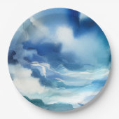 Assiettes En Carton Blue Watercolor Ocean Water Waves Anniversaire (Devant)
