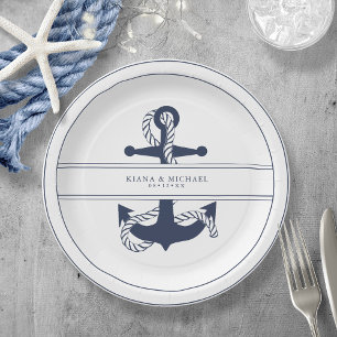 Assiettes En Carton Blue Wave Ancre Mariage V2 Navy/Wht ID836