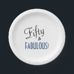 Assiettes En Carton Blue & White 50th Birthday Cinquante & FABULOUS!<br><div class="desc">Un design rétro chic pour 50ème anniversaire. Les mots "Fifty & FABULOUS!" sont conçus avec un script vintage amusant, en noir et bleu. D'autres couleurs et motif sont également disponibles. Mélangez et faites un match dans toute la collection, pour une fabuleuse célébration du 50e anniversaire qui est la vôtre !...</div>