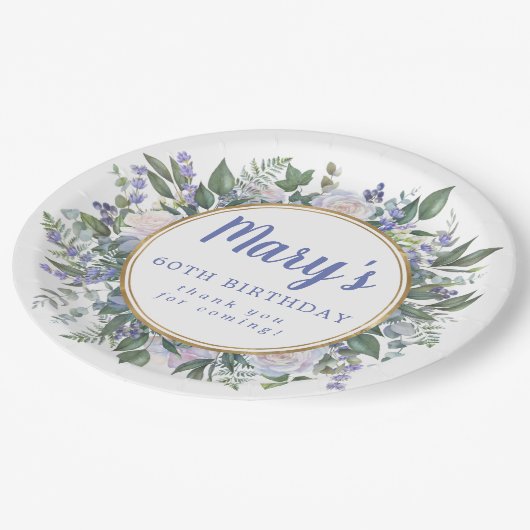 Assiettes En Carton Blue White Floral 60e fête d'anniversaire (Angle)
