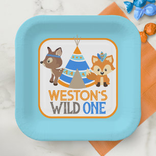 Assiettes En Carton Blue Wild One Boy Premier Anniversaire Plaques en 