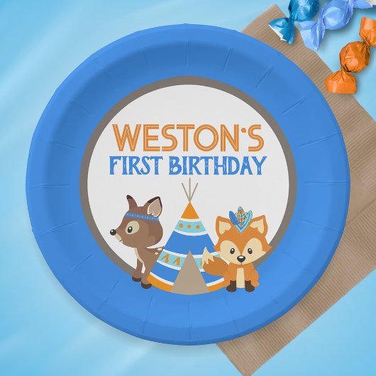 Assiettes En Carton Blue Wild One Woodland Plaques de fête d'anniversa