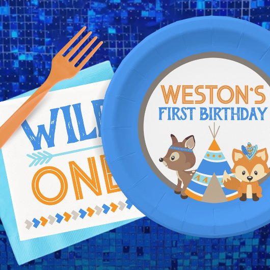 Assiettes En Carton Blue Wild One Woodland Plaques de fête d'anniversa