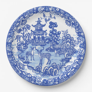 Assiettes En Carton Blue Willow Deer Asian Temple Garden Art