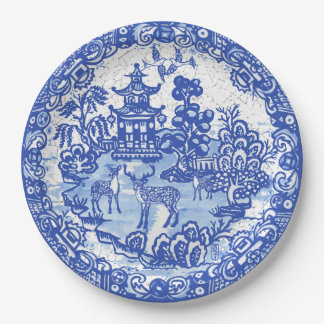 Assiettes En Carton Blue Willow Deer Asian Temple Garden Crackle Look