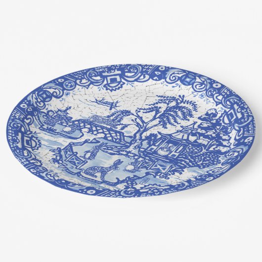 Assiettes En Carton Blue Willow Rabbit Classic Whimsical CrackLook (Angle)