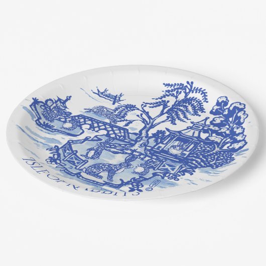 Assiettes En Carton Blue Willow Rabbit Island Whimsical Pottery Look (Angle)