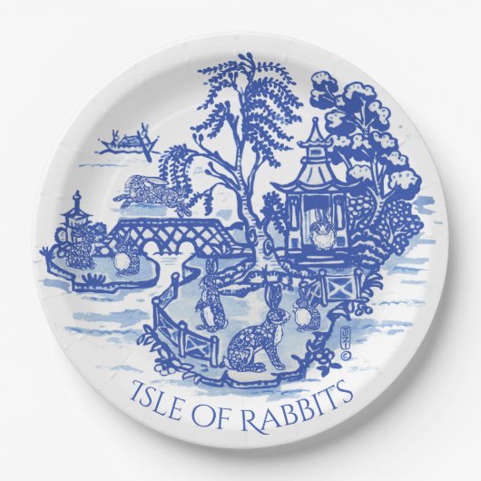 Assiettes En Carton Blue Willow Rabbit Island Whimsical Pottery Look (Devant)
