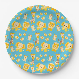 Assiettes En Carton Blue Yellow Lions Elephants Safari animaux