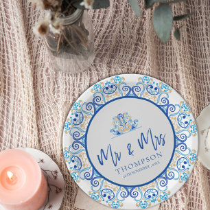 Assiettes En Carton Blue Yellow Ornamental M. Mme Nom Mariage