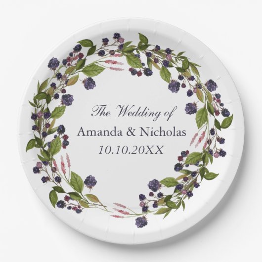 Assiettes En Carton Blueberry | Rustic Wreath mariage personnalisé (Devant)