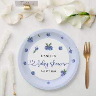 Assiettes En Carton Blueberry Sweet Watercolor Baby shower garçon