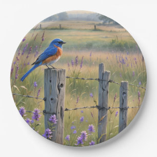 Assiettes En Carton Bluebird Sur Un Poste De Clôture