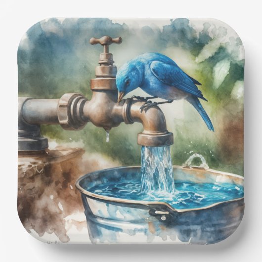 Assiettes En Carton Bluebird sur un vieux Faucet (Recto)