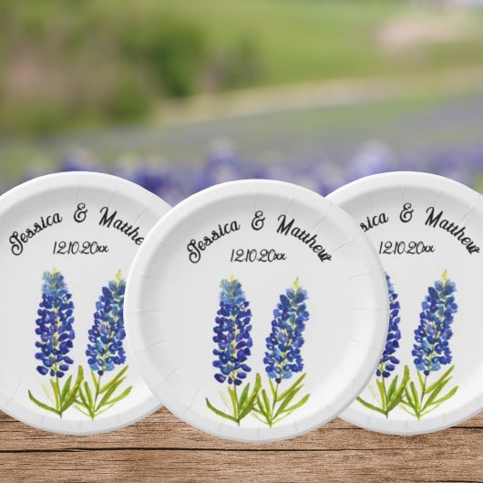 Assiettes En Carton Bluebonnets Bleu floral Boho Aquarelle Mariages