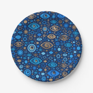 Assiettes En Carton Blues et or de l'motif du mal grec