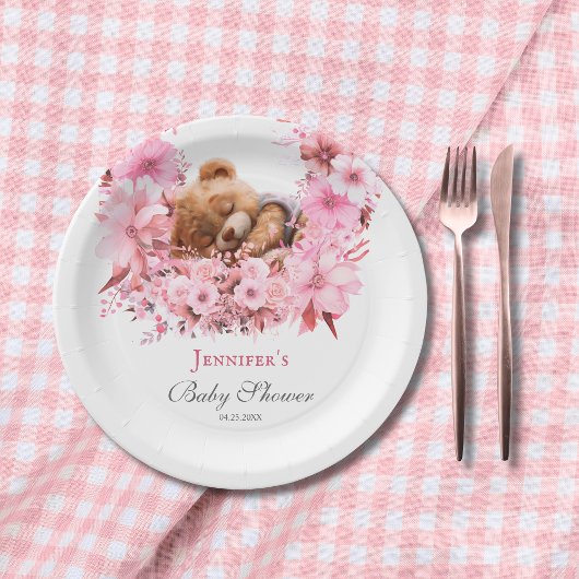 Assiettes En Carton Blush Dreamy Teddy Bear Baby shower rose