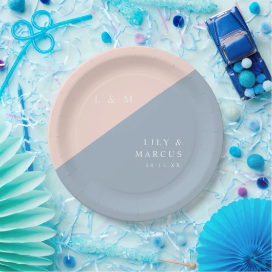 Assiettes En Carton Blush Dusty Blue Moderne Élégant Mariage Monogramm (Fête)