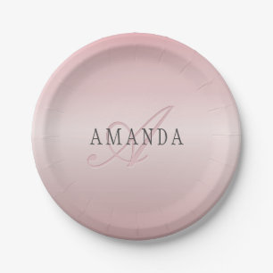 Assiettes En Carton Blush Élégant Faux Or Rose Nom et Monogramme