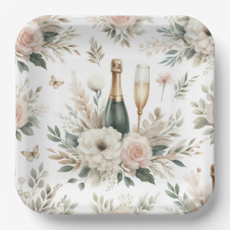 Assiettes En Carton Blush Floral Champagne Party Plates